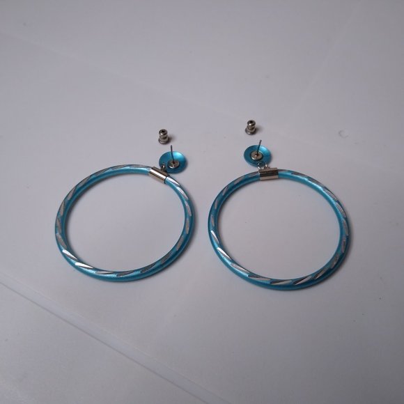 Blue Metal Large Dangle Hoop Earrings - Picture 9 of 13